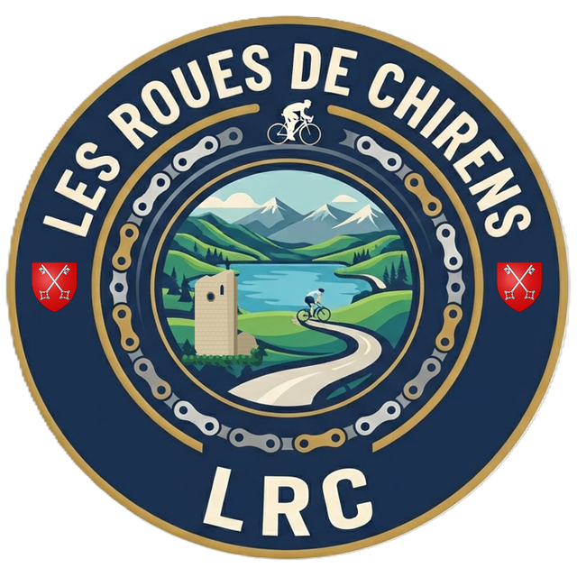 Logo du club Les Roues de Chirens (LRC) : un cycliste sur une route qui longe un lac au pied des montagnes, entouré d'une chaîne de vélo